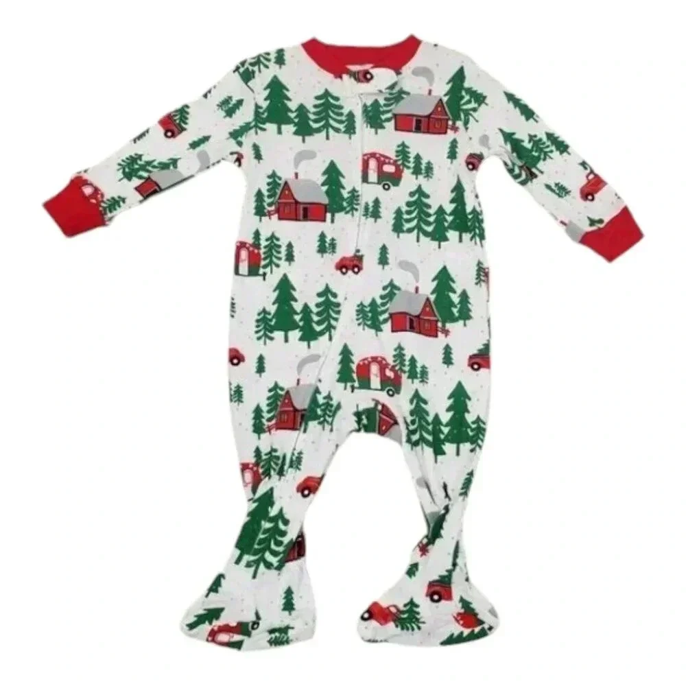 0-3 Month Infant Forest Theme White and Green Footed Christmas Onesies